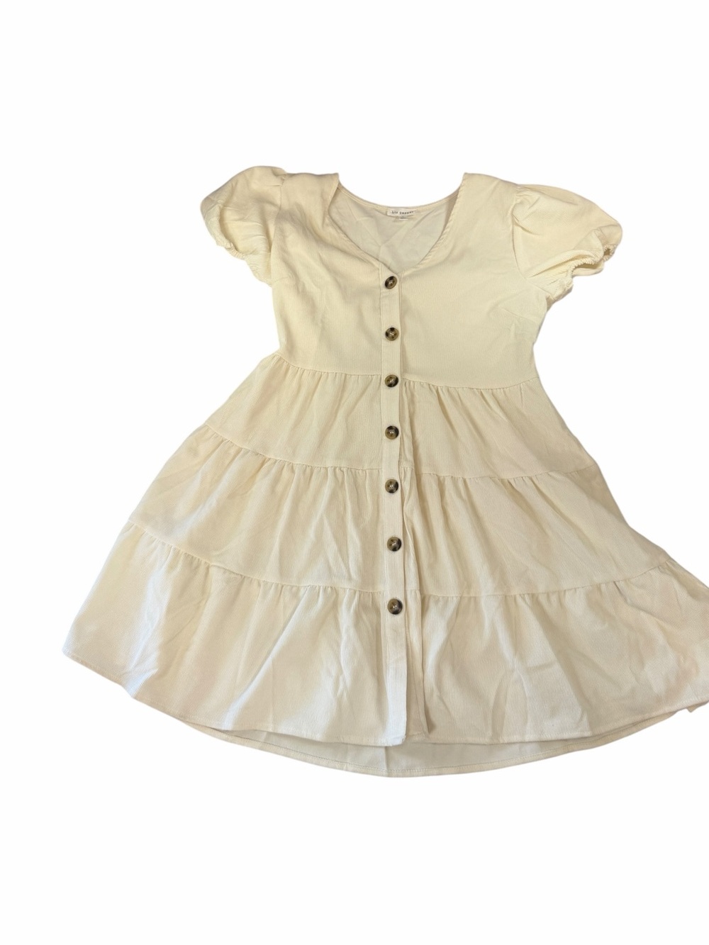 Blu Pepper Cream Button-Front Tiered Puff Sleeve Dress